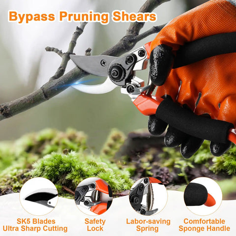 Bypass pruning shears cutting a branch, showing SK5 blades and orange ergonomic handle from the All In One Workhorse Pruning Shears Set For Pro Garden Work Bypass Pruning Shears Garden Scissors Pruning Snips Saw Gloves Storage Bag And Handheld Garden Shears For Easy Plant Pruning And Thick Branch Cuts.