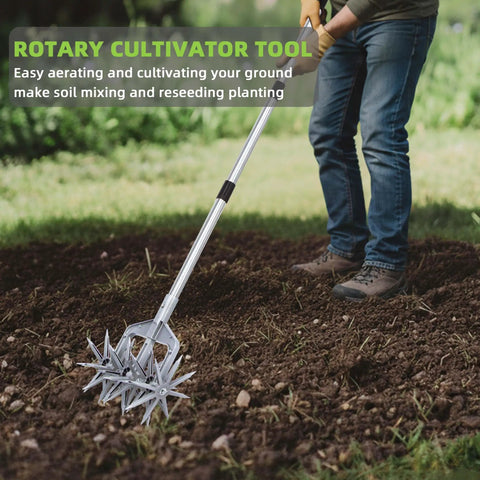 Rotary Cultivator For Your Garden With Adjustable Hand Tiller Detachable Solid Metal Tines 2 In 1 Manual Garden Cultivator For Loosening And Mixing Soil Great For Reseeding Grass 58 Inch Reach in use on soil