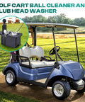 Golf Cart Ball Washer And Club Cleaner Kit mounted on blue golf cart with golf course in background