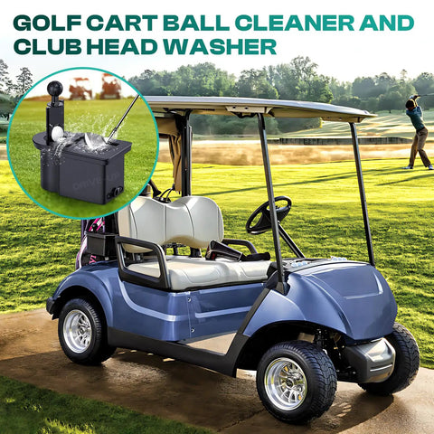 Golf Cart Ball Washer And Club Cleaner Kit mounted on blue golf cart with golf course in background