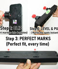 Picture Hanging Tool Kit With Precision Ink Markers For Keyhole And Sawtooth Hangers demonstrating step-by-step use with clips and level.