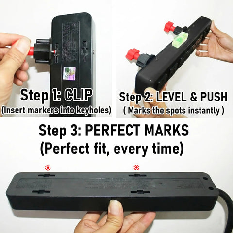 Picture Hanging Tool Kit With Precision Ink Markers For Keyhole And Sawtooth Hangers demonstrating step-by-step use with clips and level.