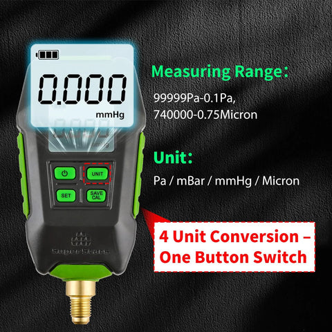 Handheld Super Stars digital vacuum gauge for HVAC with 1/4 SAE port; green and black body, LCD display, 4-unit switch.