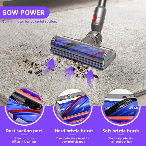 Replacement No-Tangle Vacuum Head For Dyson Cordless V7 V8 V10 V11 V15 on carpet showing dust suction port and brush features.