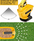 Illustration showing Handheld Power Spreader For Dewalt 20V And 60V Li Ion Batteries Battery Not Included spreading seed on grass.