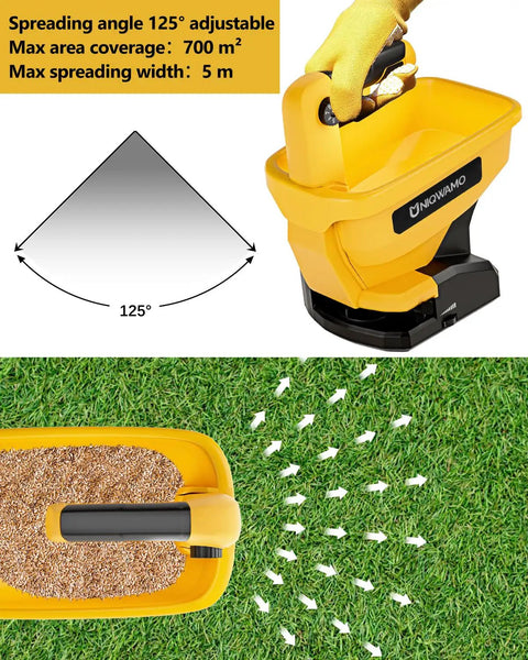 Illustration showing Handheld Power Spreader For Dewalt 20V And 60V Li Ion Batteries Battery Not Included spreading seed on grass.