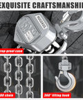 Front view of HUGOASIS mini lever hoist in silver aluminum body with G80 chain and lifting hook
