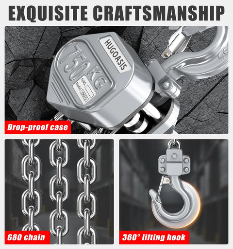 Front view of HUGOASIS mini lever hoist in silver aluminum body with G80 chain and lifting hook