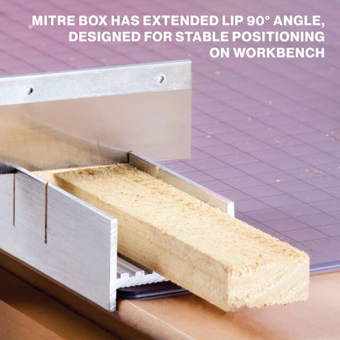 Front view of a metal mitre box with a 6-inch wood block; aluminum and steel construction for 45° and 90° cuts