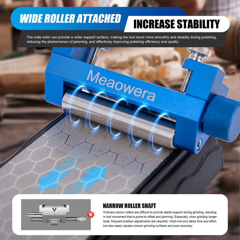 Close-up of Pro Grade Chisel Sharpening Kit With Sharpening Stones And Honing Guide, highlighting wide roller design.
