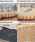 Wicker Picnic Basket Set For Two With Insulated Cooler, stainless steel cutlery, waterproof mat, and sturdy wicker material