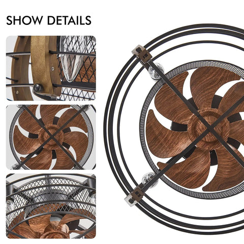 Close-up of Caged Wood Farmhouse Ceiling Fan With Light And Remote Control Flush Mount Industrial Style With 6 Speed Low Profile Design.