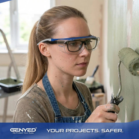 Chill Safety Glasses That Slide Smooth Over Prescription Frames Ansi Certified Anti Fog Scratch Proof Lenses worn by woman painting.