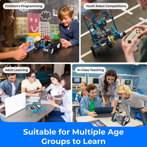 Makeblock mBot Ultimate 10-in-1 robotics kit; blue wheeled robot shown with kids, remote control, and classroom setup.