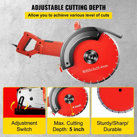 Badass 1800W Electric Concrete Saw Fully Loaded With Killer 14 Inch Diamond Blade Wet Dry Multi Function Circular Saw showing adjustable cutting depth settings.