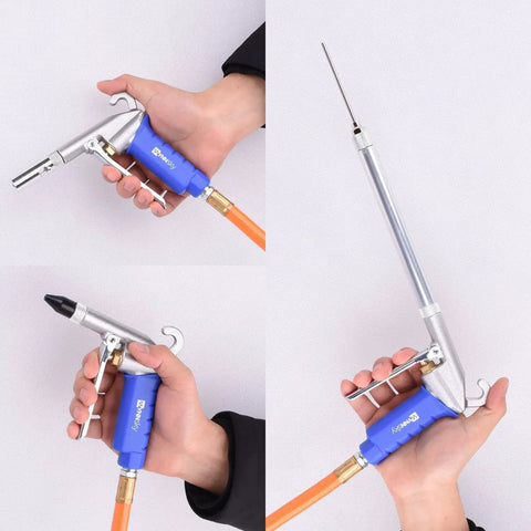 Pro Grade High Flow Air Blow Gun Kit With 9 Blower Tips And 6 Inch Extensions for Quick Cleanups featuring needle and rubber tips.