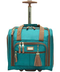 Lightweight Softside Spinner Luggage Set, 3 Piece Expandable Travel Case Bundle With Underseat Bag in teal with brown accents