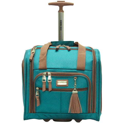Lightweight Softside Spinner Luggage Set, 3 Piece Expandable Travel Case Bundle With Underseat Bag in teal with brown accents
