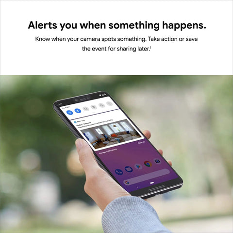 Hand holding phone displaying Instant Mobile Alerts feature of Indoor 1080p Security Cam With Night Vision, 24 Seven Live Video