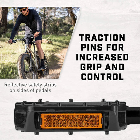Mountain Bike Pedals Set Of 2 Lightweight Alloy Replacement Pedals With Reflectors in black, shown with grip pins and safety strips