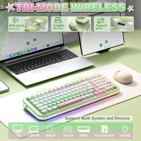 Butter Smooth Milk Switch Wireless Mechanical Keyboard With 98 Key Layout And Full Number Pad Featuring Totally Fire Cake Theme Vibe And Vibrant Dye Sub Keycaps on a workspace next to a laptop.