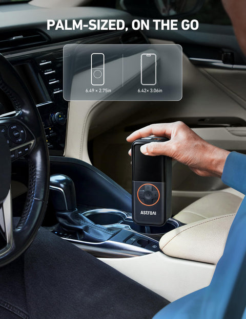 Person fitting L4 Tire Inflator Portable Air Compressor 150 PSI On The Go With Pressure Gauge And LED Light into car console