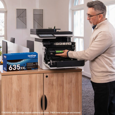 Person installing toner in Color Laser All In One Printer With Duplex Printing, Scan And Copy, Fast 33 Pages Per Minute, Budget Friendly