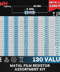 2600 Piece Metal Film Resistor Kit With 130 Values From 1 Ohm To 3 Mega Ohm Quarter Watt Plus Or Minus One Percent Tolerance chart