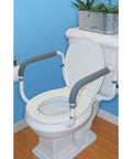 Straight Up Sturdy Toilet Safety Frame With Adjustable Width That Keeps Bath Time Breezy Ergonomic Grab Bars For Elderly And Handicap Post Surgery Recovery Supports Up To 300 Lbs Pack Of Two on a toilet.