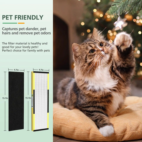 Pet friendly Three Pack FLT4825 Filter B Premium Replacement with Activated Carbon Pre Filters shown beside playful cat.