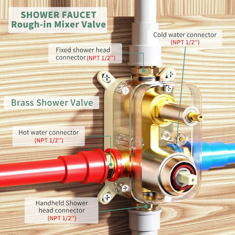 Brass shower valve with connectors for Rainfall Shower System With 7-Setting Handheld, Full Bathroom Faucet Set, Easy Install