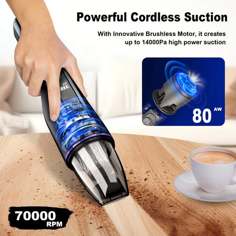 Ultra Lightweight Cordless Handheld Vacuum For Car And Home, 14000Pa Suction, Brushless Motor, cleaning coffee spill on table