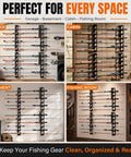 Heavy Duty 12 Rod Fishing Rod Rack For Wall Or Ceiling Mount Keeps Your Rods Neatly In Place Up To 12 With Deep Groove Design Steel Construction Black Powder Coated Wall Or Ceiling Mounted Storage For Garage Cabin And Basement displayed in various settings: garage, cabin, basement, and fishing room.