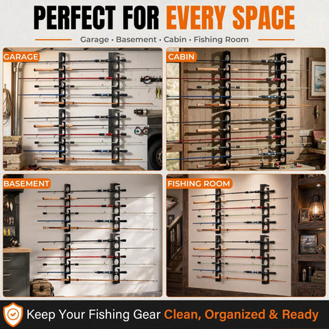 Heavy Duty 12 Rod Fishing Rod Rack For Wall Or Ceiling Mount Keeps Your Rods Neatly In Place Up To 12 With Deep Groove Design Steel Construction Black Powder Coated Wall Or Ceiling Mounted Storage For Garage Cabin And Basement displayed in various settings: garage, cabin, basement, and fishing room.