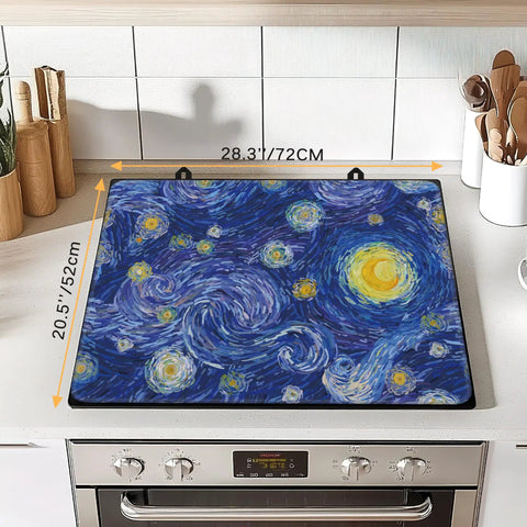 Abstract Blue Glowing Moon Stove Top Cover Protector For Electric And Induction Cooktops Ceramic Mat on kitchen counter.