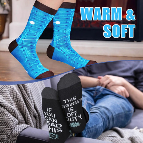 Four Pairs Engineer Socks For Men Funny Novelty Crew Socks Gift Idea For Dad Grandpa Fathers Day, blue and black socks.