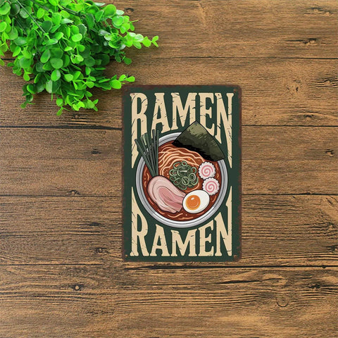 Funny Vintage Ramen Bowl Metal Sign 8x12 Inch Wall Decor on wooden surface with greenery, retro cafe style tin poster