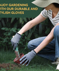 Woman wearing Womens Deerskin Leather Work Gloves With Breathable Back For Gardening And Yard Work, Great Grip On Pruners And Tools.