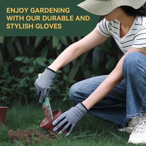 Woman wearing Womens Deerskin Leather Work Gloves With Breathable Back For Gardening And Yard Work, Great Grip On Pruners And Tools.