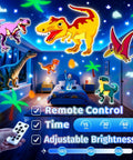 Child's room with Dinosaur Story Projector And Bluetooth 5.0 Speaker For Kids Room, 15 Film Reels with dynamic dinosaur images.