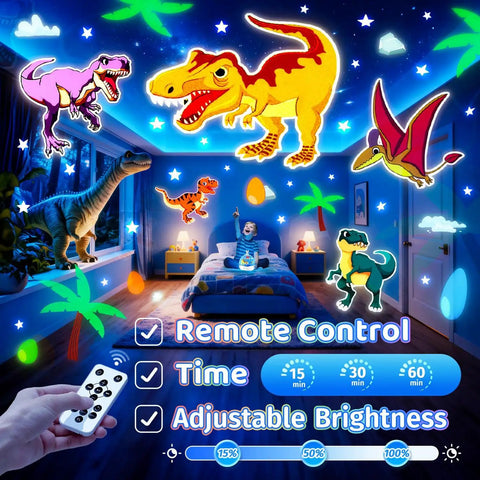 Child's room with Dinosaur Story Projector And Bluetooth 5.0 Speaker For Kids Room, 15 Film Reels with dynamic dinosaur images.