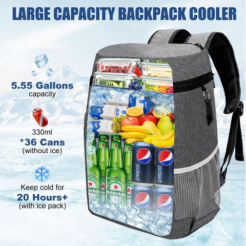 Leak Proof Insulated Backpack Cooler For Men And Women 36 Can Soft Cooler Backpack filled with drinks and fruits, gray