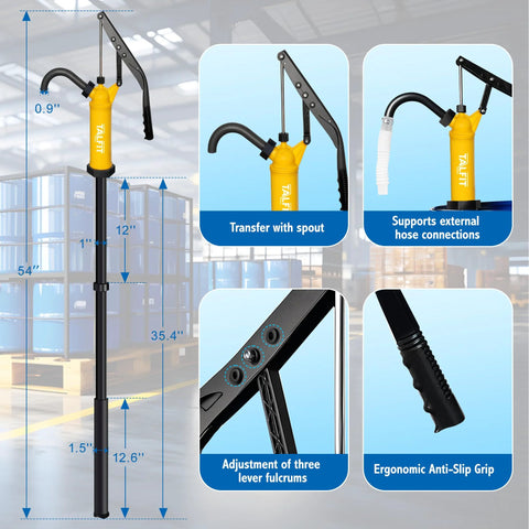 Front view of TALFIT yellow reinforced-PP lever-action drum pump with black handle and hose for 5–55 gallon drums.