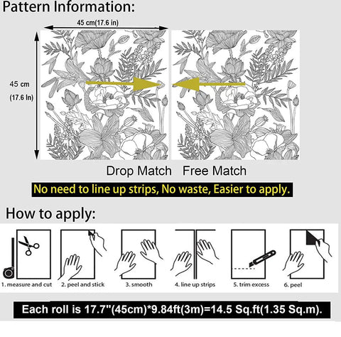 Black And White Lotus Lily Leaf Peel And Stick Wallpaper Self Adhesive Prepasted Mural showing application instructions and pattern match options.