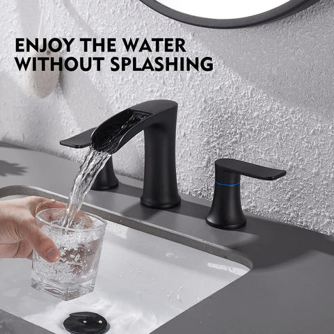 Matte Black Bathroom Faucet With Drain 8 Inch Widespread Three Hole Two Handle Sink Faucet Durable Anti Corrosion Finish Easy Clean Metal Bath Vanity Faucet For A Dope Modern Bathroom Upgrade, water flowing into glass