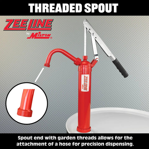 Top Shelf Heavy Duty Lever Drum Pump For Smooth Oil And Fuel Transfer with threaded spout for hose attachment.