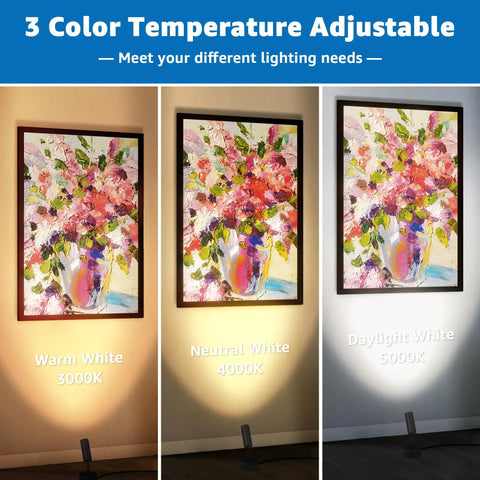 Two Pack 3W Indoor Spotlight Uplights with 10 Ft Cord Dimmable 3000K 4000K 5000K LED Floor Spotlights for artwork wall accent lighting