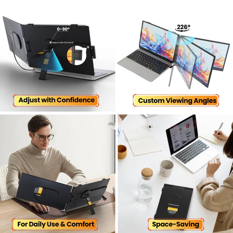 Ultra Thin 0.27 Inch Dual Portable Monitor For Laptops, 14 Inch FHD IPS screen with multiple viewing angles and adjustable stand.
