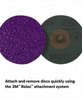 Cubitron II Roloc Fiber Disc 3 Inch 36 Plus Grit 15 Pack with front and back view showcasing attachment system.