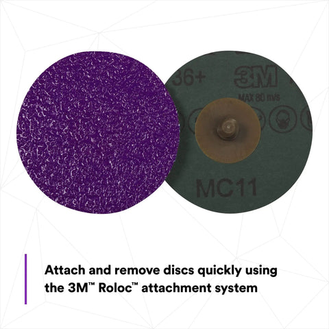 Cubitron II Roloc Fiber Disc 3 Inch 36 Plus Grit 15 Pack with front and back view showcasing attachment system.